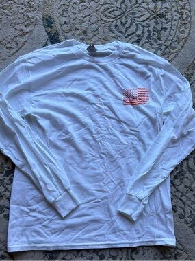 Gildan White Long Sleeve Tee with Small Red Flag Chest Graphic - Craig morgan